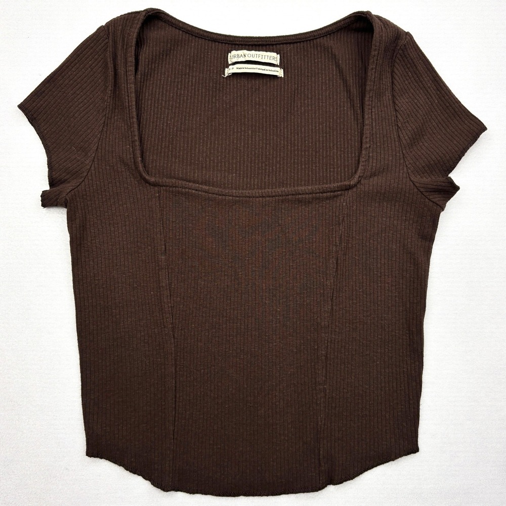 Urban Outfitters Womens Small Brown Ribbed Square Neck Corset Seam Crop Top Tee